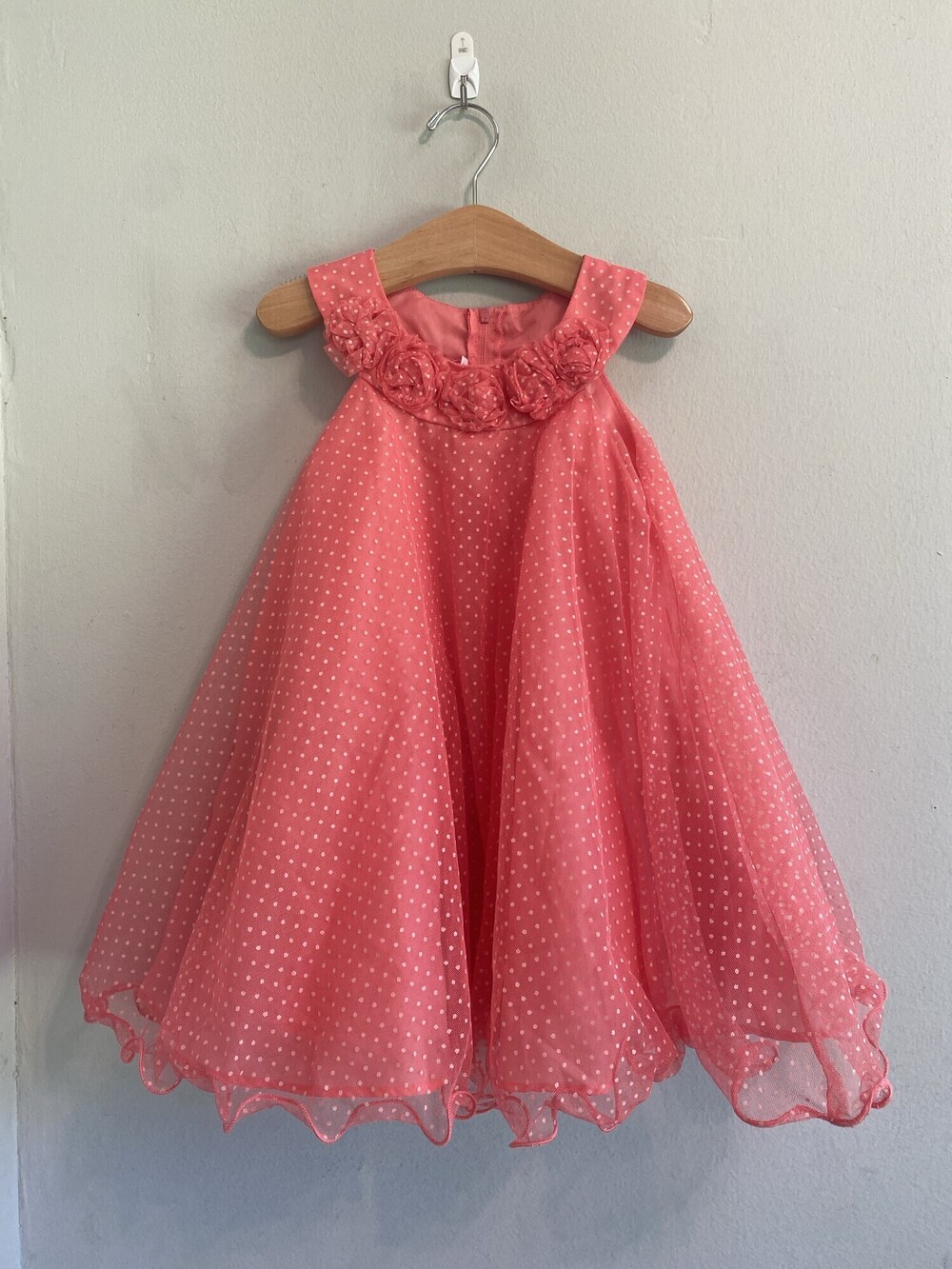 Jessica Ann Girls Coral Polka Dot Ruffle Formal Dress Size 4